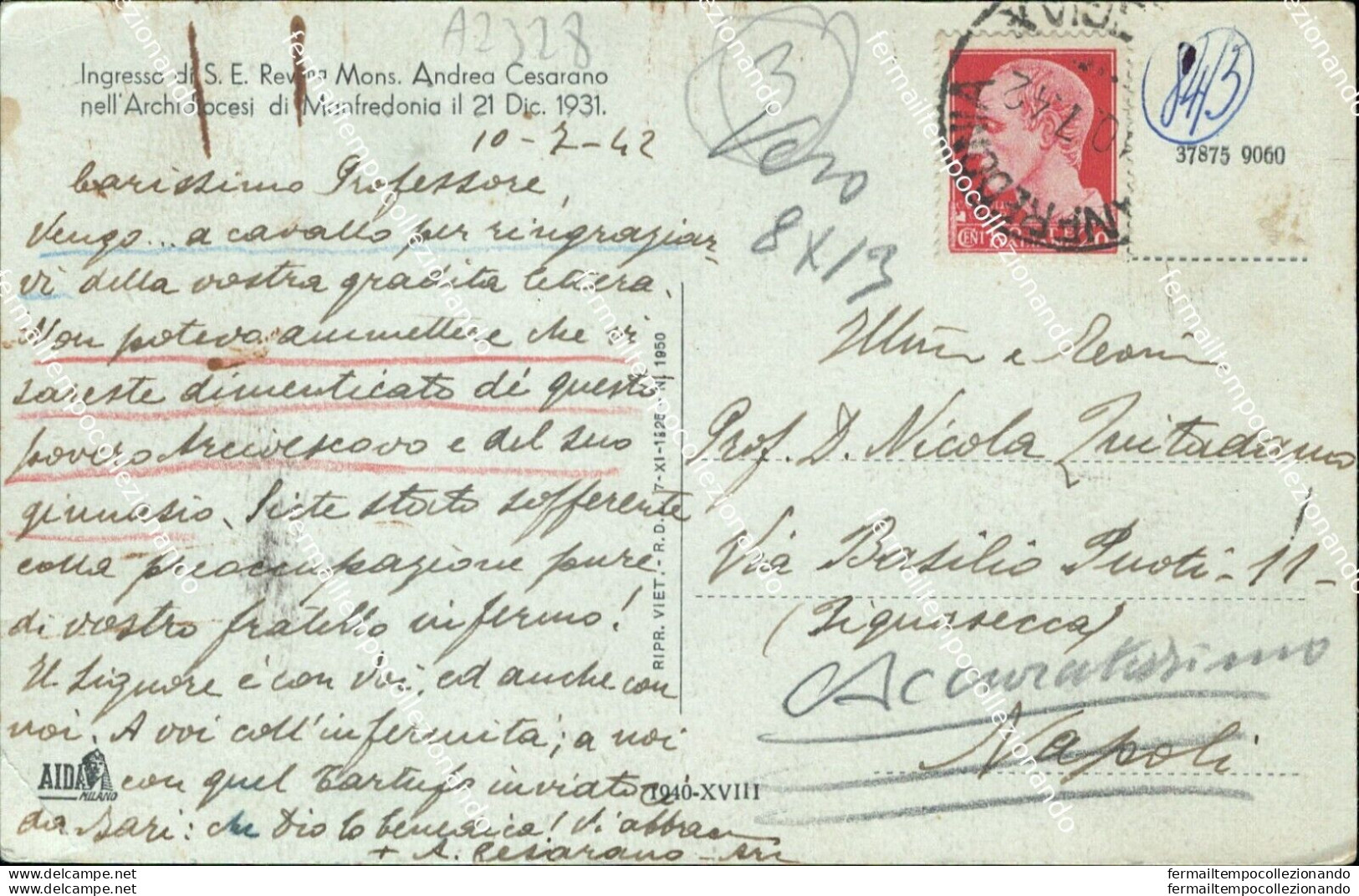 Az328 Cartolina Manfredonia Ingresso Del Monsignore Andrea Cesarano Foggia 1942 - Foggia