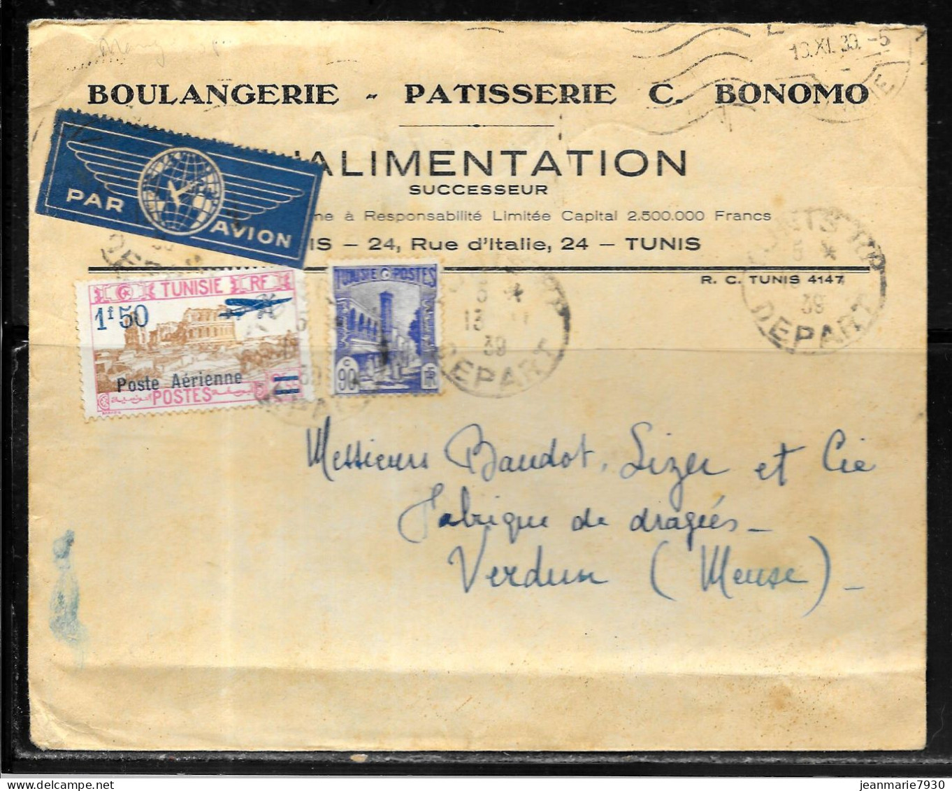 C504 - N° 211 Et PA 12 SUR LETTRE DE TUNIS DEPART DU 13/11/39 - BOULANGERIE PATISSERIE ALIMENTATION - Cartas & Documentos