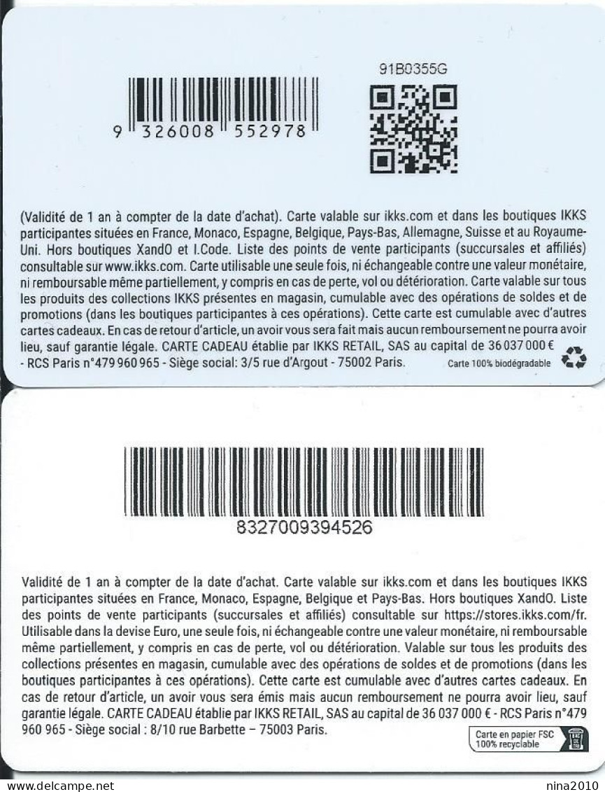 Carte Cadeau - IKKS * 2  / écriture Blanche - écriture Argent  - Voir Description -  GIFT CARD /GESCHENKKARTE - Cartes Cadeaux