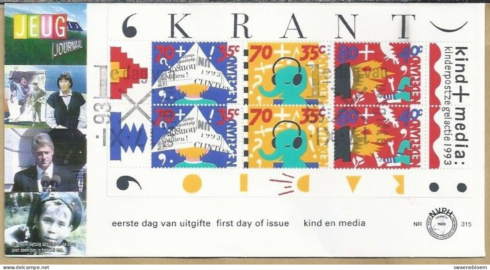 NL.- FDC. NVPH Nr. 315a. EERSTE DAG VAN UITGIFTE. FIRST DAY OF ISSUE. 17-11-1993. JEUGD JOURNAAL. - FDC