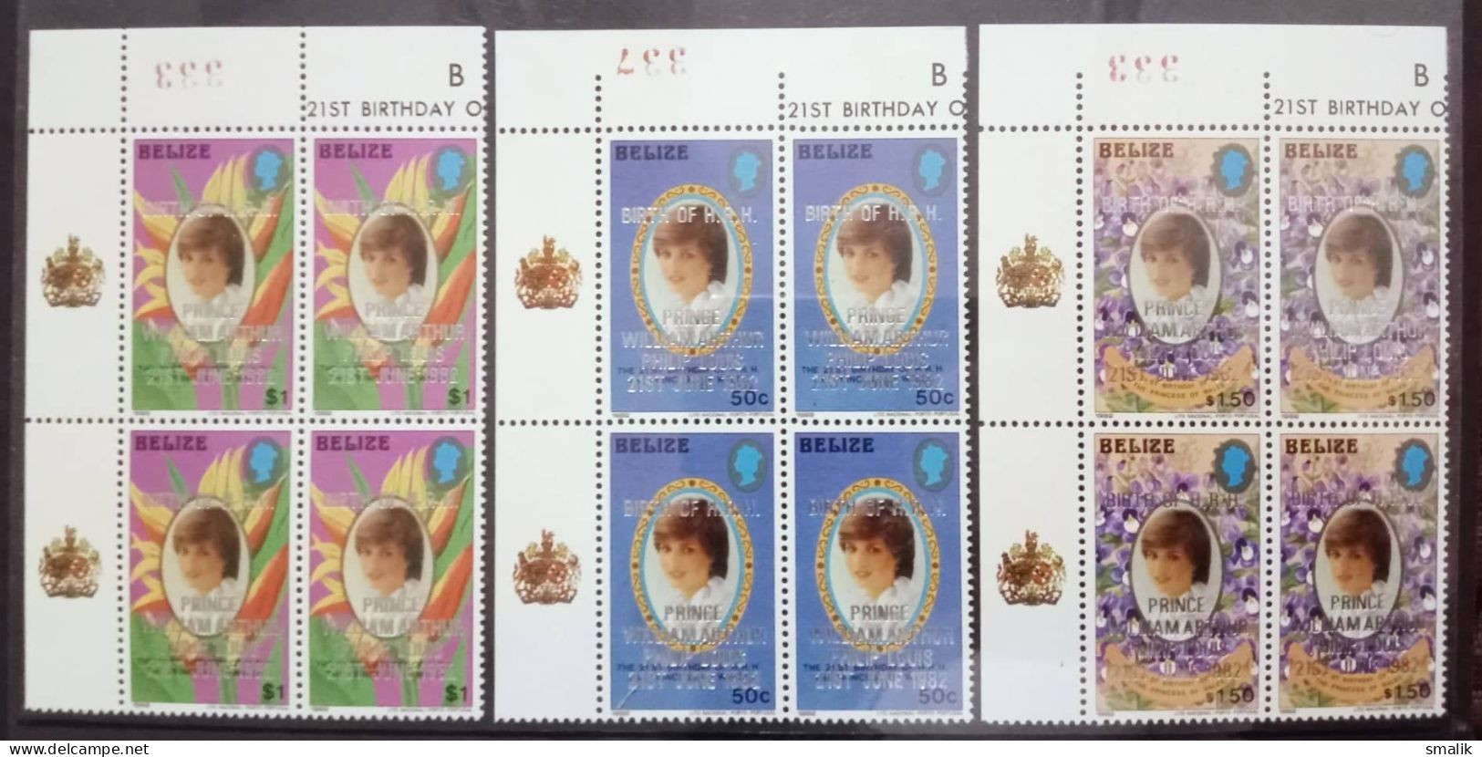 BELIZE 1982 Birth Of Prince William Silver Foil Overprint On 21st Birthday Royal Princess Diana, Corner Block Of 4, MNH - Belice (1973-...)