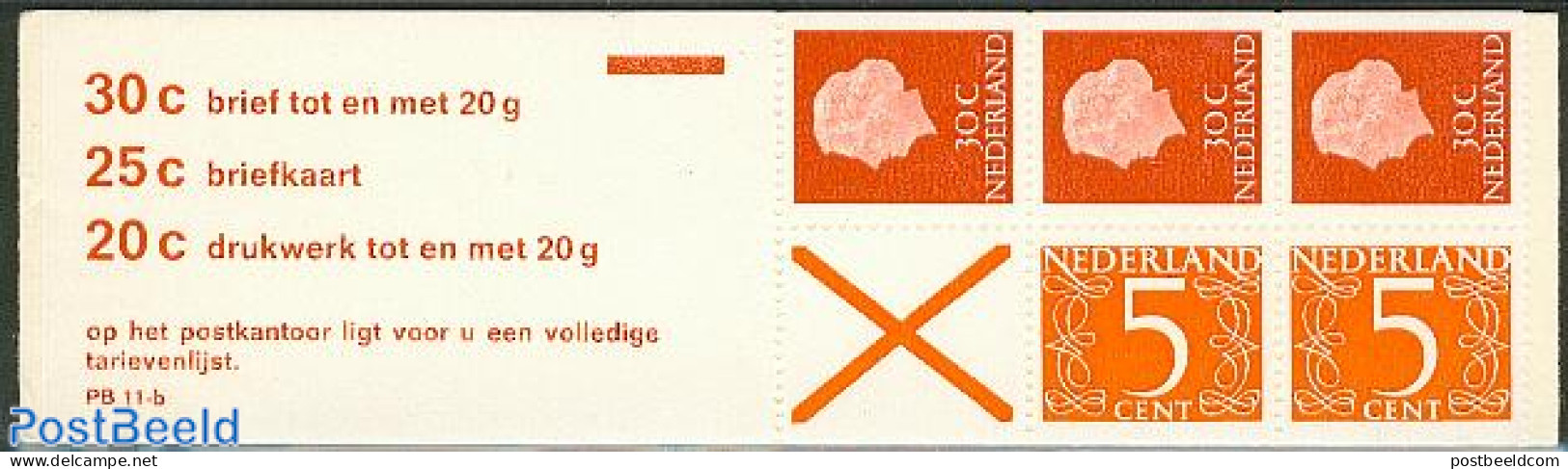 Netherlands 1971 2x5, 3x30c Booklet, Text: 30c Brief Tot En Met 20, Mint NH, Stamp Booklets - Unused Stamps