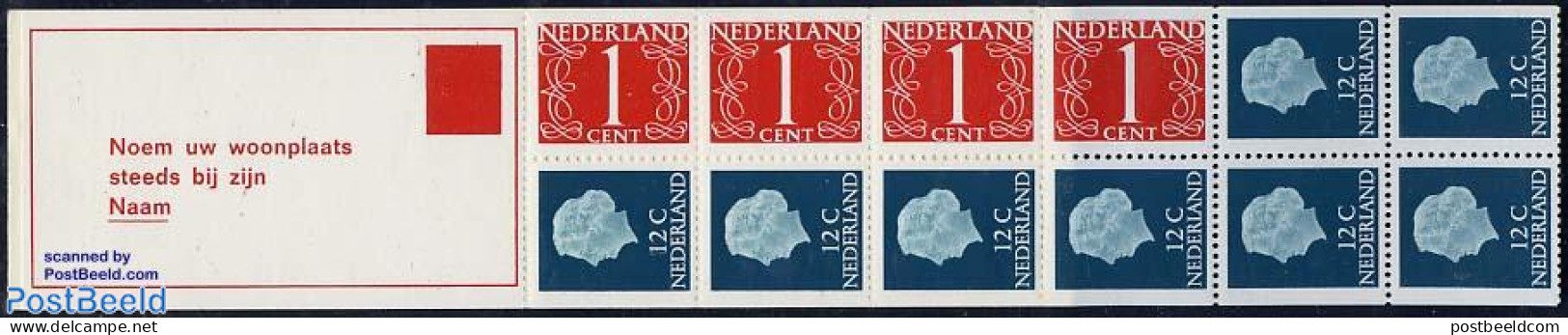Netherlands 1970 4x1,8x12c Booklet, Phosphor, Text: Noem Uw Woonpla, Mint NH, Stamp Booklets - Unused Stamps