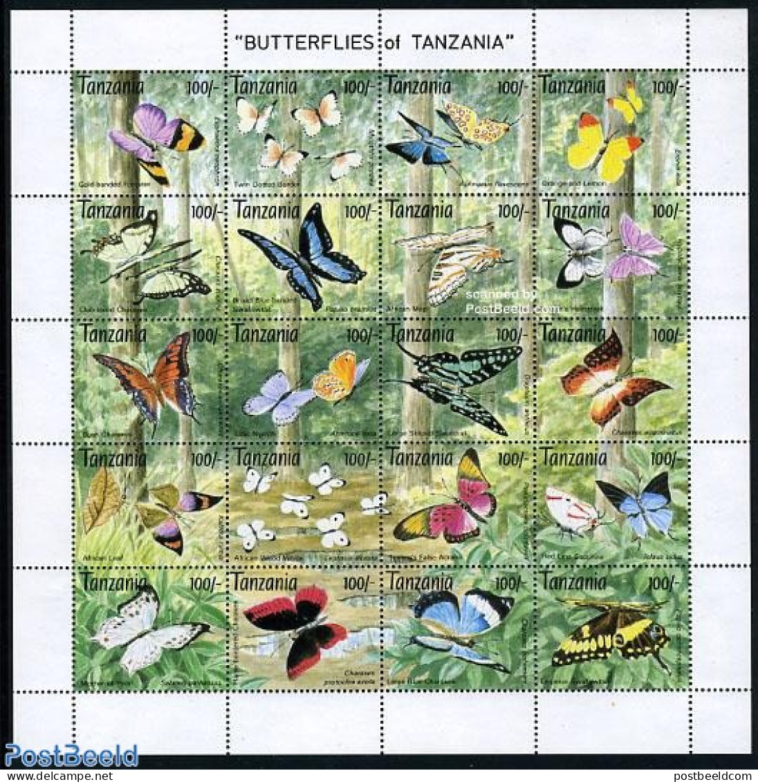 Tanzania 1993 Butterflies 20v M/s, Mint NH, Nature - Butterflies - Tansania (1964-...)