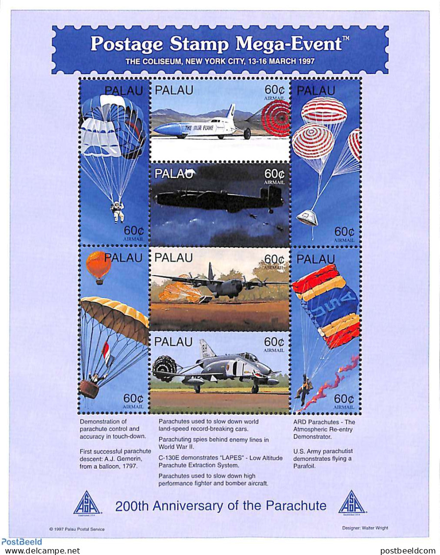 Palau 1997 Parachutes 8v M/s (8x60c), Mint NH, Sport - Transport - Autosports - Parachuting - Aircraft & Aviation - Fallschirmspringen