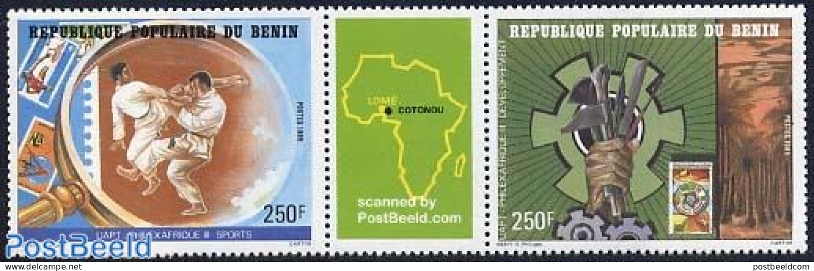 Benin 1985 Philexfrance 2v+tab [:T:], Mint NH, Sport - Judo - Sport (other And Mixed) - Philately - Stamps On Stamps - Neufs