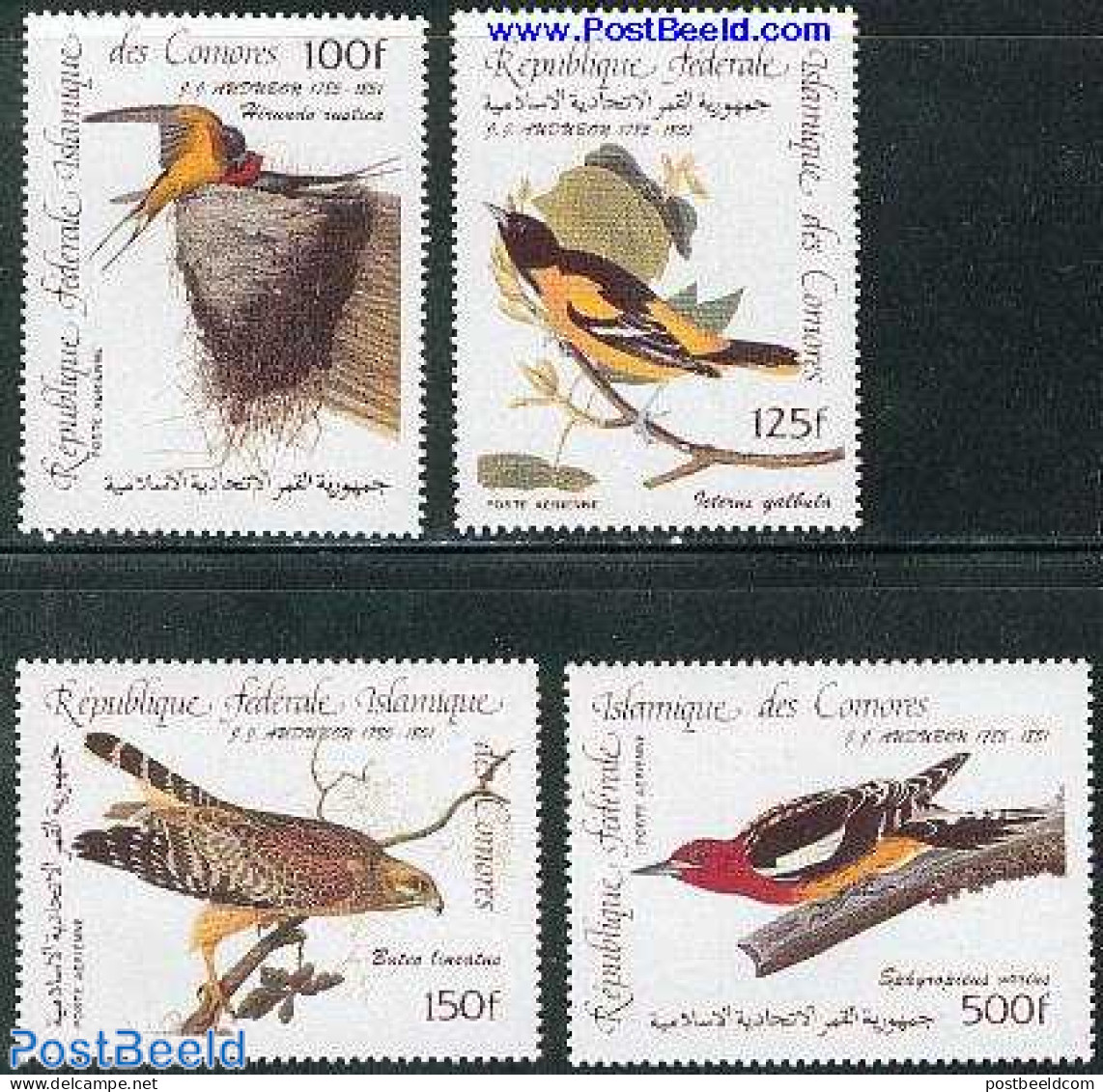 Comoros 1985 J.J. Audubon 4v, Mint NH, Nature - Birds - Isole Comore (1975-...)
