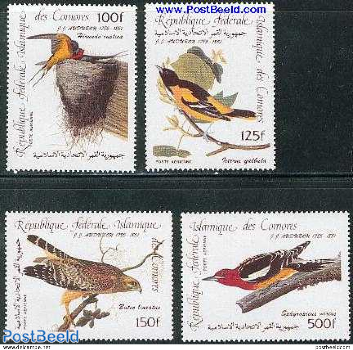 Comoros 1985 J.J. Audubon 4v, Mint NH, Nature - Birds - Comoren (1975-...)