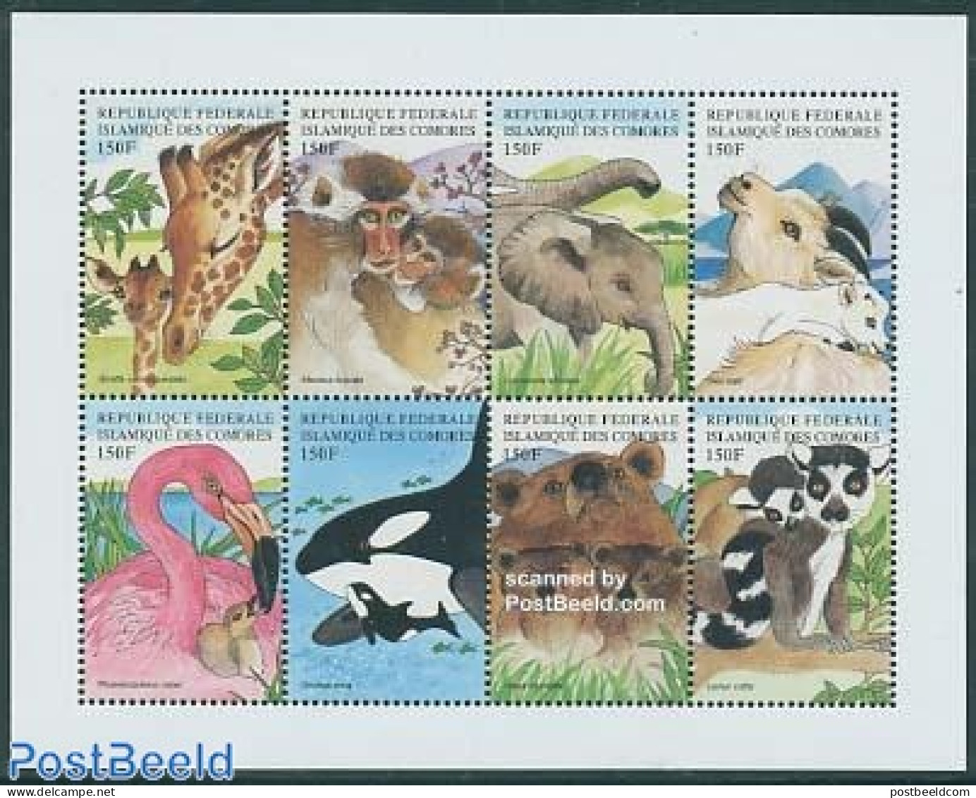 Comoros 1999 Animals 8v M/s, Giraffe, Mint NH, Nature - Animals (others & Mixed) - Bears - Birds - Elephants - Giraffe.. - Komoren (1975-...)