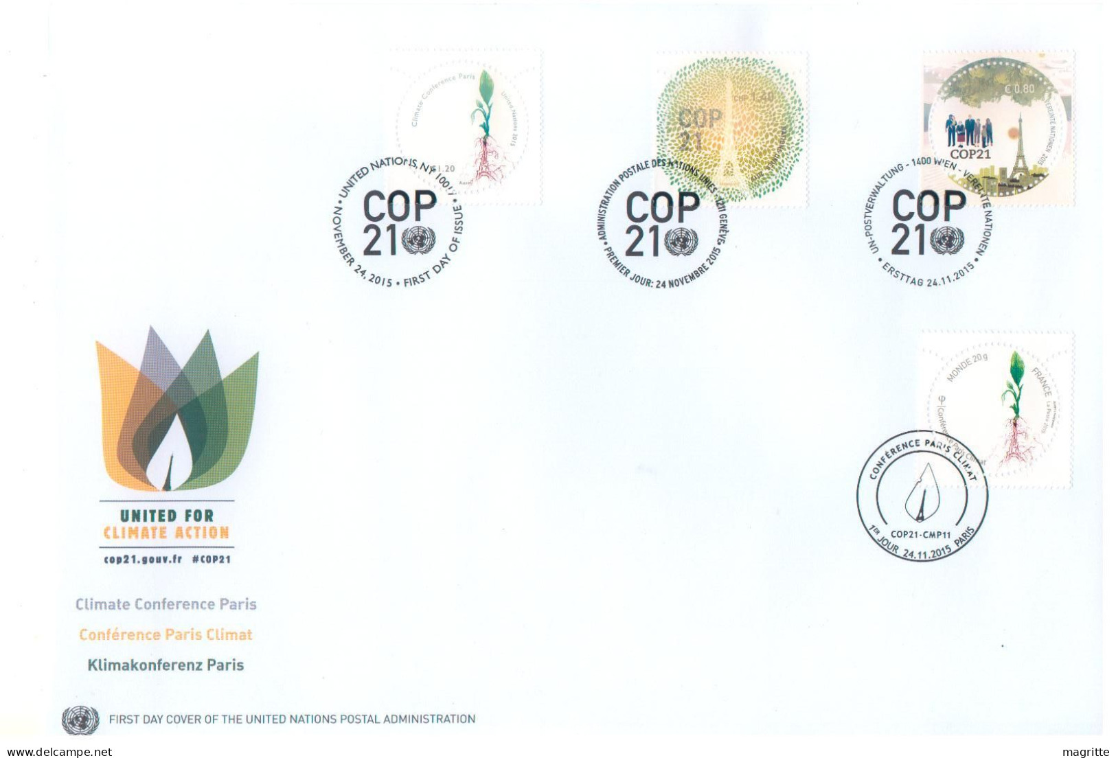 France Nations Unies Onu 2015 FDC Mixte Cop 21 Emission Commune France United Nations UN Joint Issue Mixed FDC - Gezamelijke Uitgaven