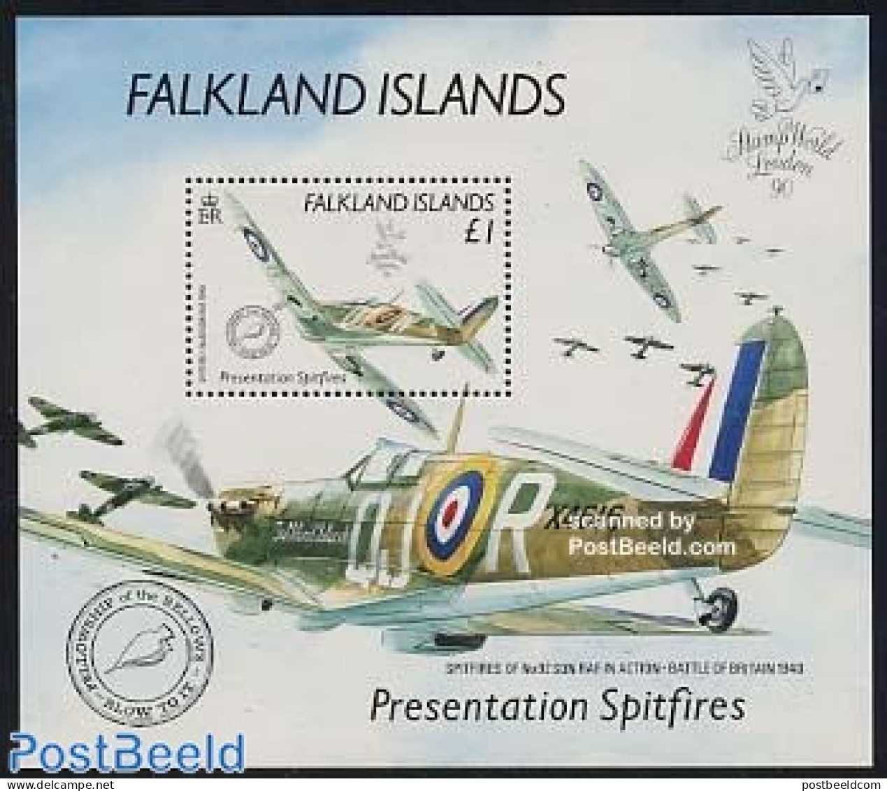 Falkland Islands 1990 Stamp World London S/s, Mint NH, History - Transport - World War II - Aircraft & Aviation - 2. Weltkrieg