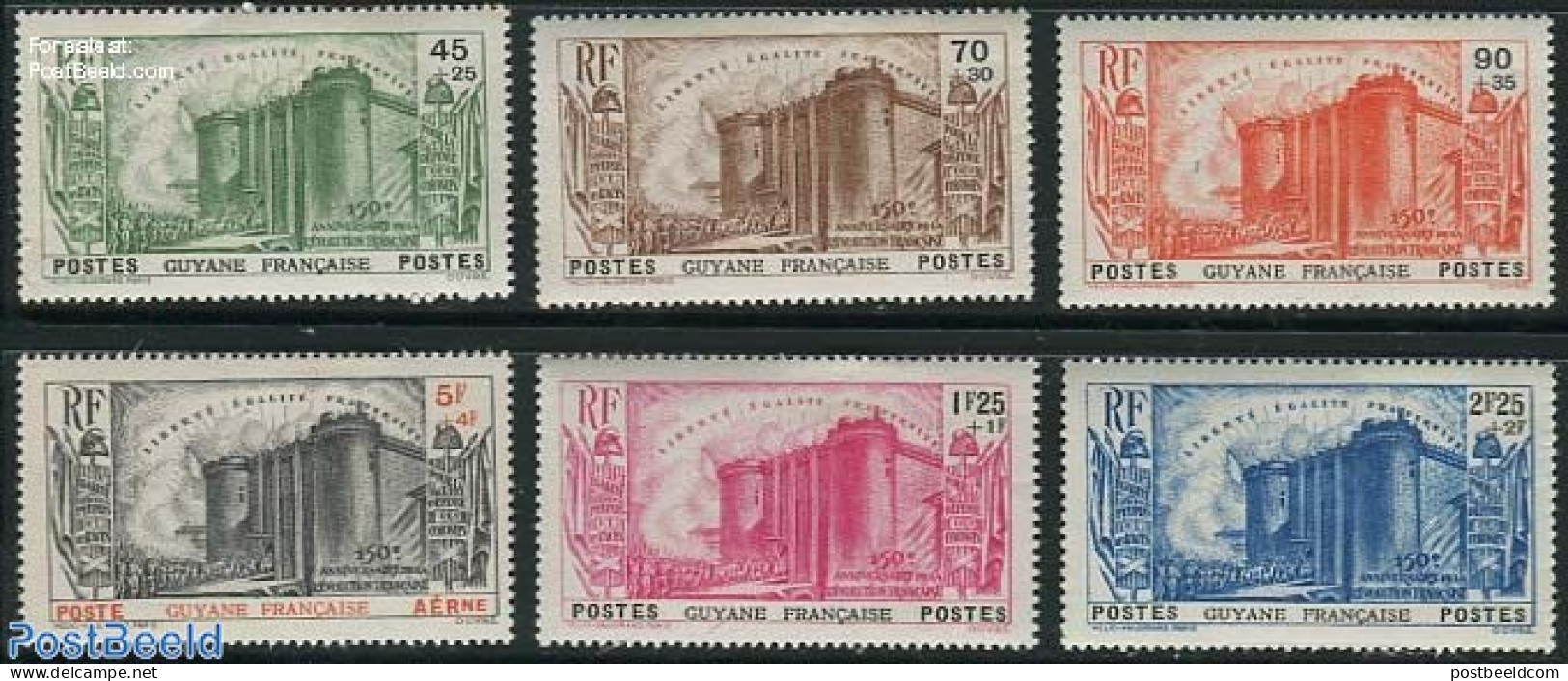 French Guyana 1939 150 Years French Revolution 6v, Unused (hinged), History - History - Art - Castles & Fortifications - Kastelen