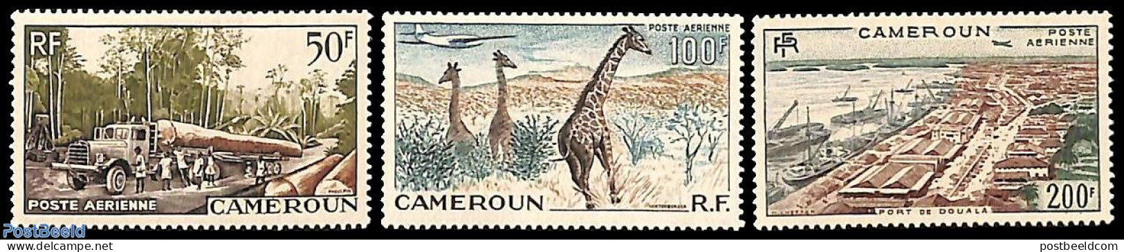 Cameroon 1955 Definitives 3v, Mint NH, Nature - Transport - Animals (others & Mixed) - Giraffe - Trees & Forests - Aut.. - Rotary, Lions Club