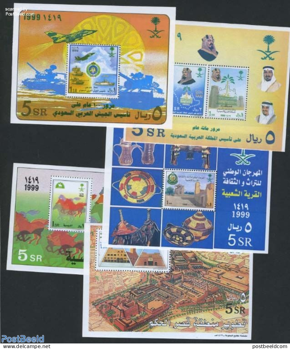 Saudi Arabia 1999 Conquest Of Riyadh 5 S/s, Mint NH, Nature - Transport - Horses - Aircraft & Aviation - Ships And Boats - Vliegtuigen