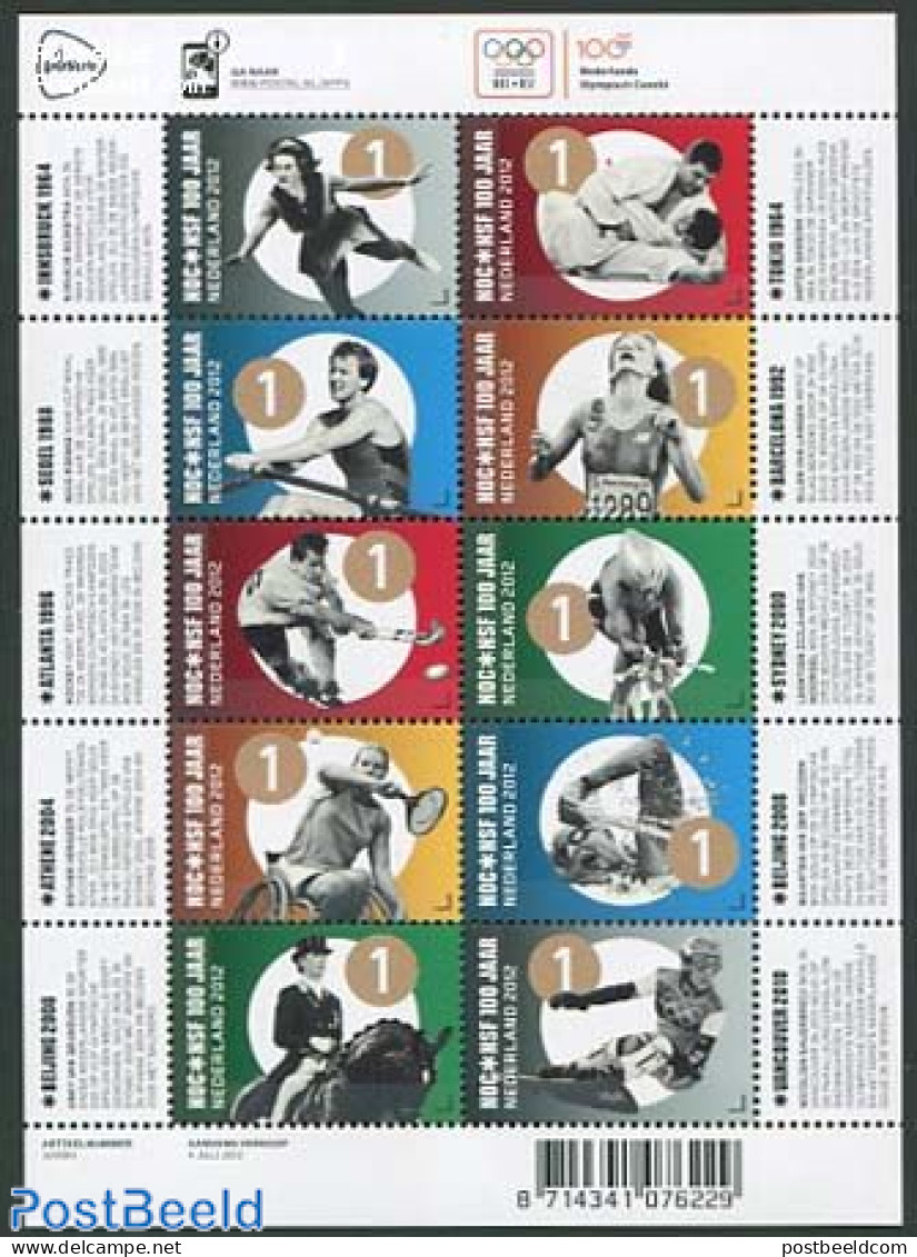 Netherlands 2012 100 Years NOC/NSF 10v M/s, Mint NH, Health - Nature - Sport - Disabled Persons - Horses - Athletics -.. - Unused Stamps
