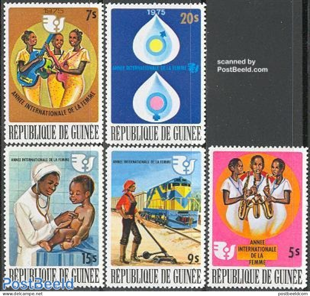 Guinea, Republic 1975 Int. Year Of Women 5v, Mint NH, Health - History - Performance Art - Transport - Various - Healt.. - Unclassified