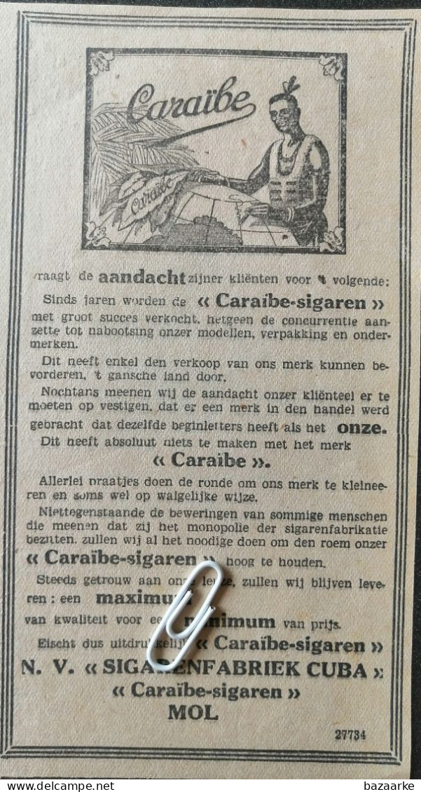 MOL 1932 / N.V. " SIGARENFABRIEK CUBA " CARAÏBE-SIGAREN MOL - Advertising