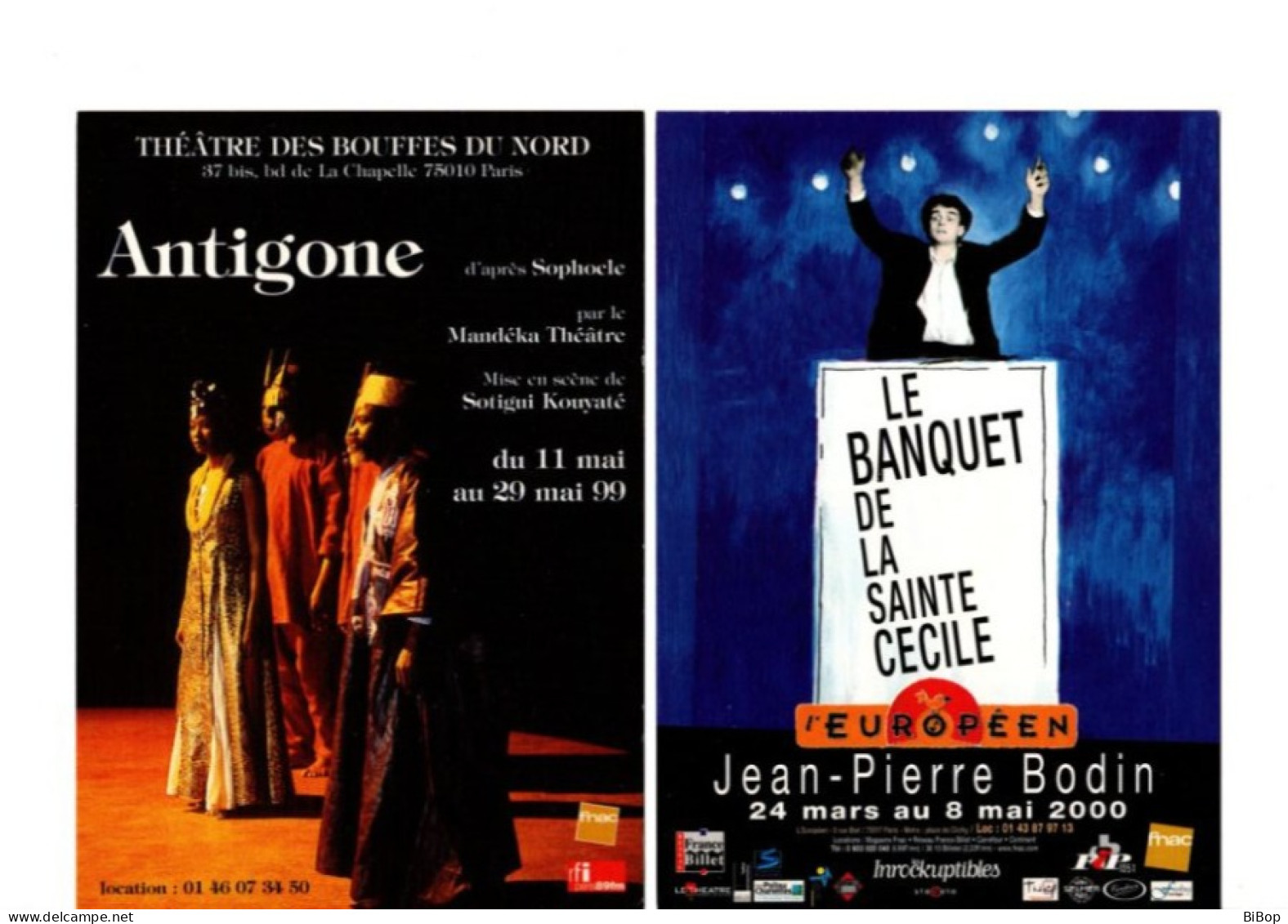 2 Cartes Postales Publicitaires: Théatre, Antigone Et Le Banquet De La Sainte Cécile - Zangers En Musicus