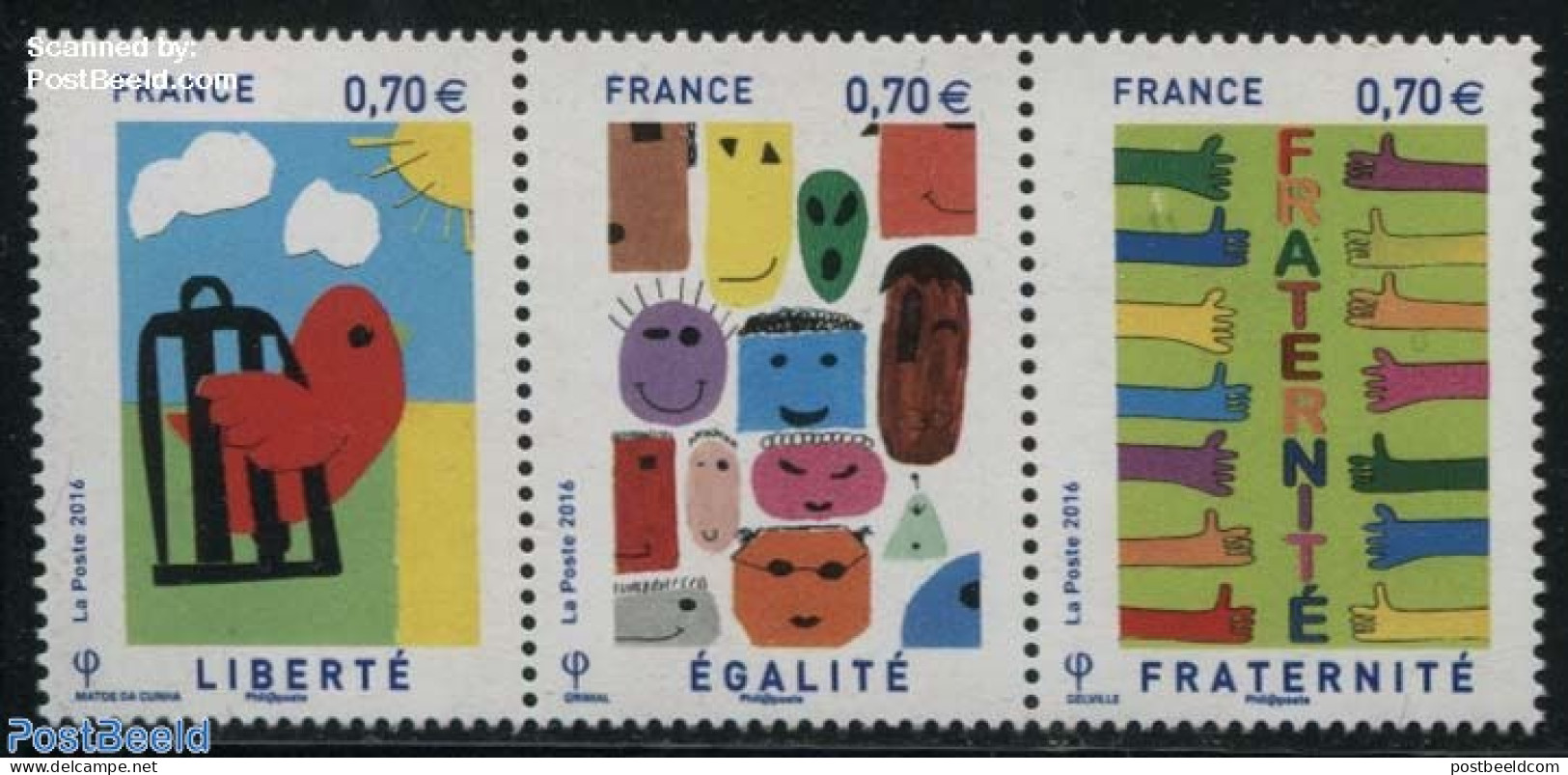 France 2016 Liberty-Equality-Fraternity 3v [::], Mint NH, Art - Children Drawings - Neufs
