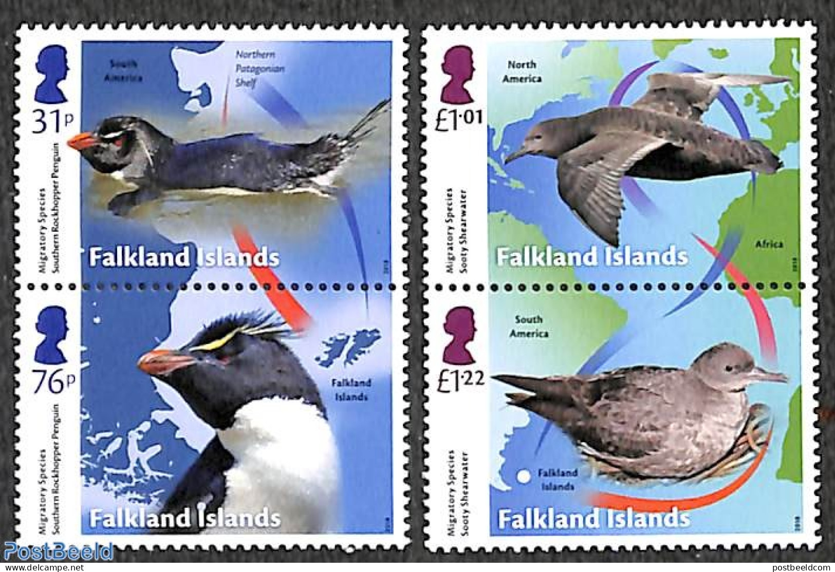 Falkland Islands 2018 Migratory Species 2x2v [:], Mint NH, Nature - Various - Birds - Penguins - Maps - Geographie