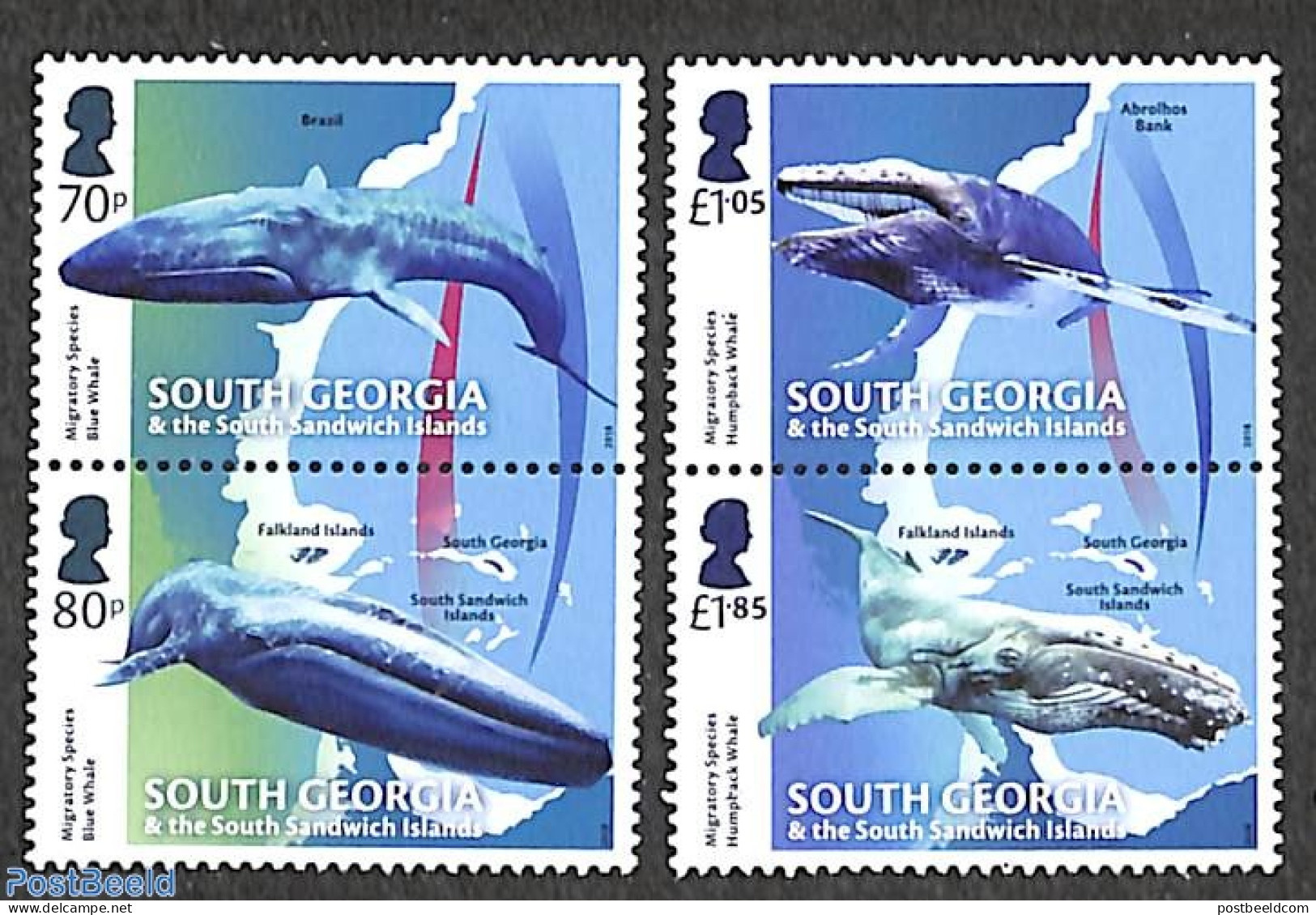 South Georgia / Falklands Dep. 2018 Migratory Species 2x2v [:], Mint NH, Nature - Various - Sea Mammals - Maps - Geografía