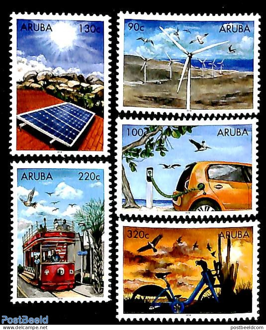 Aruba 2018 Sustainable Energy 5v, Mint NH, Nature - Science - Sport - Transport - Various - Birds - Energy - Cycling -.. - Cyclisme