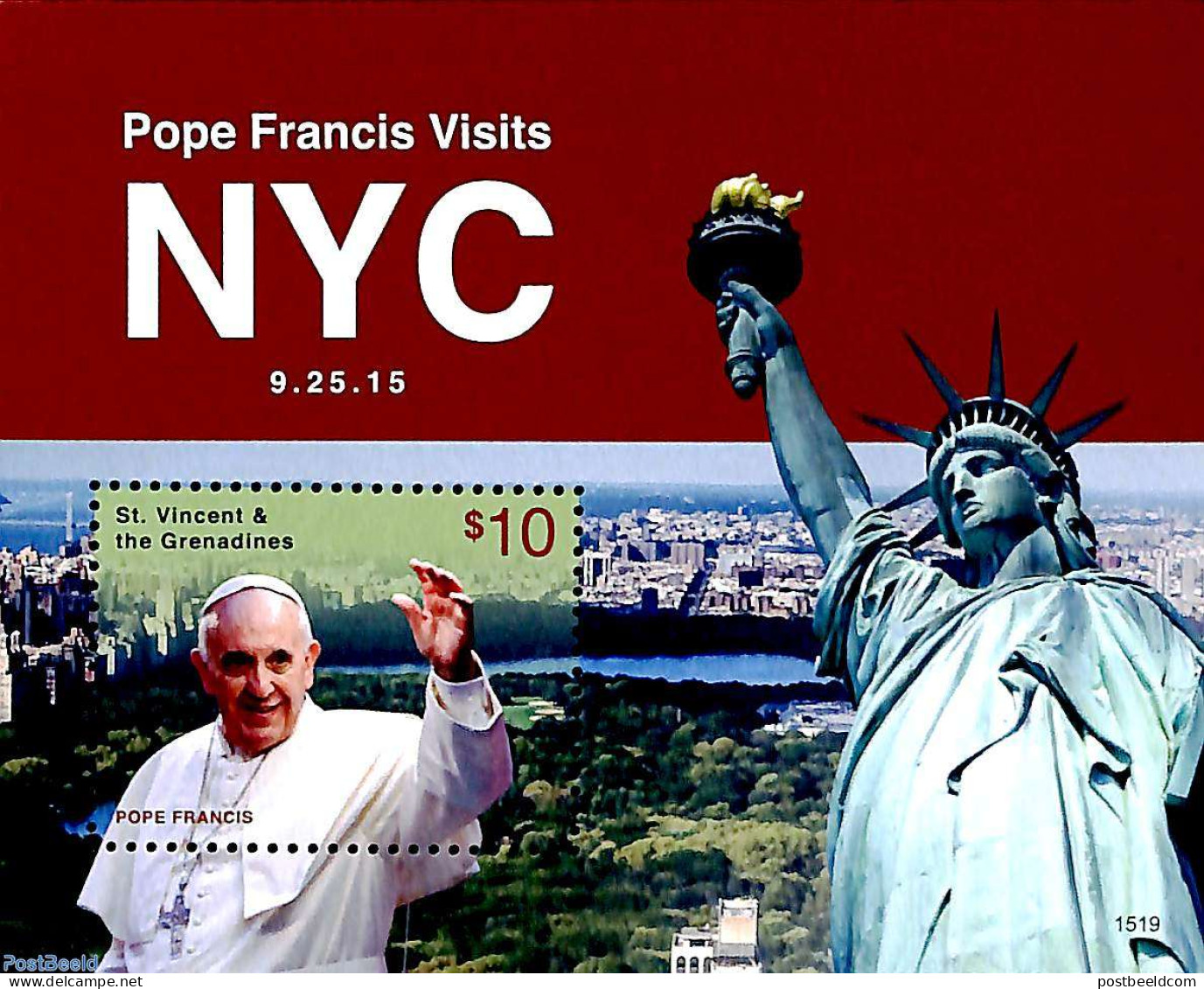 Saint Vincent 2015 Pope Francis Visits NYC S/s, Mint NH, Religion - Pope - Art - Sculpture - Papes