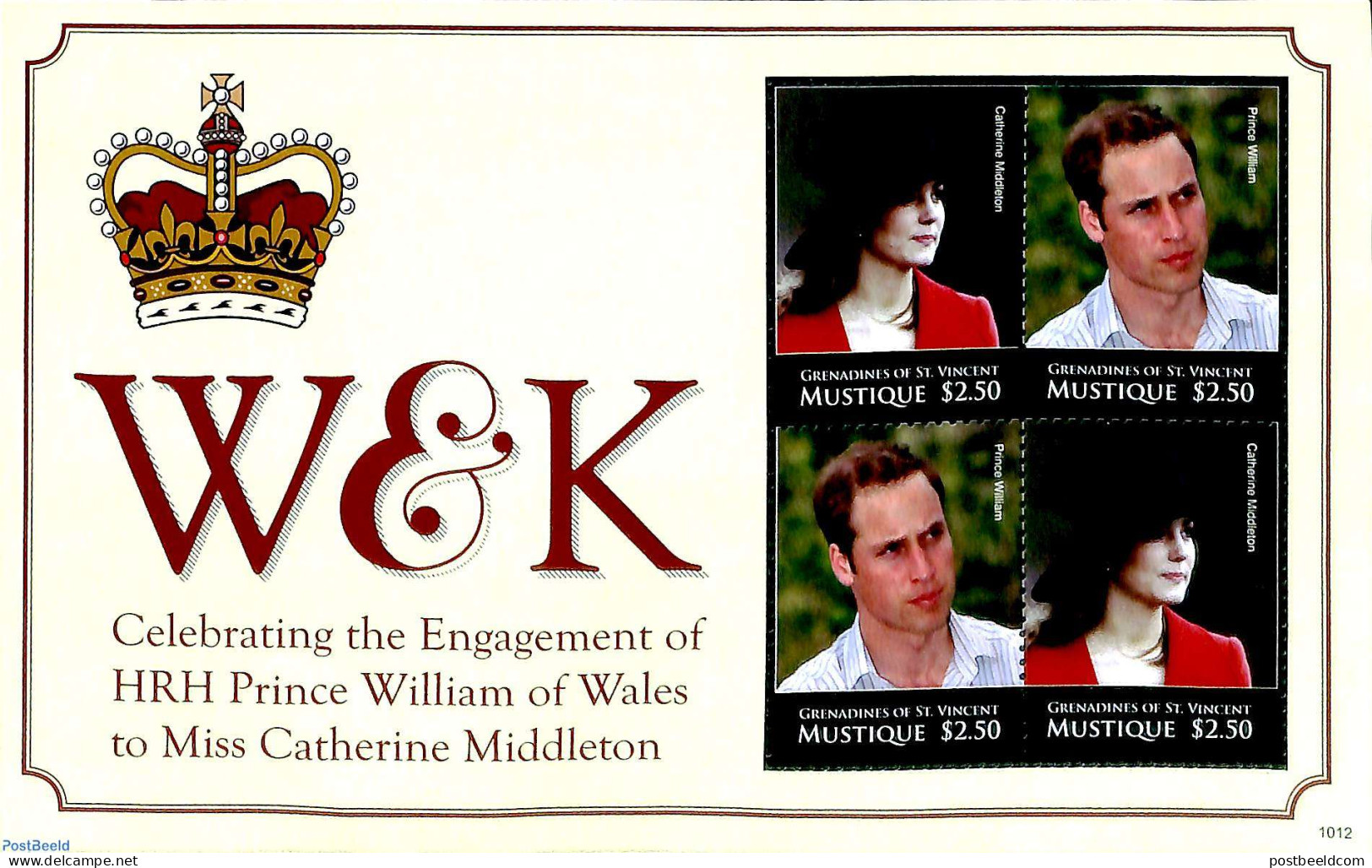 Saint Vincent & The Grenadines 2010 Mustique, William & Kate M/s, Mint NH, History - Kings & Queens (Royalty) - Royalties, Royals