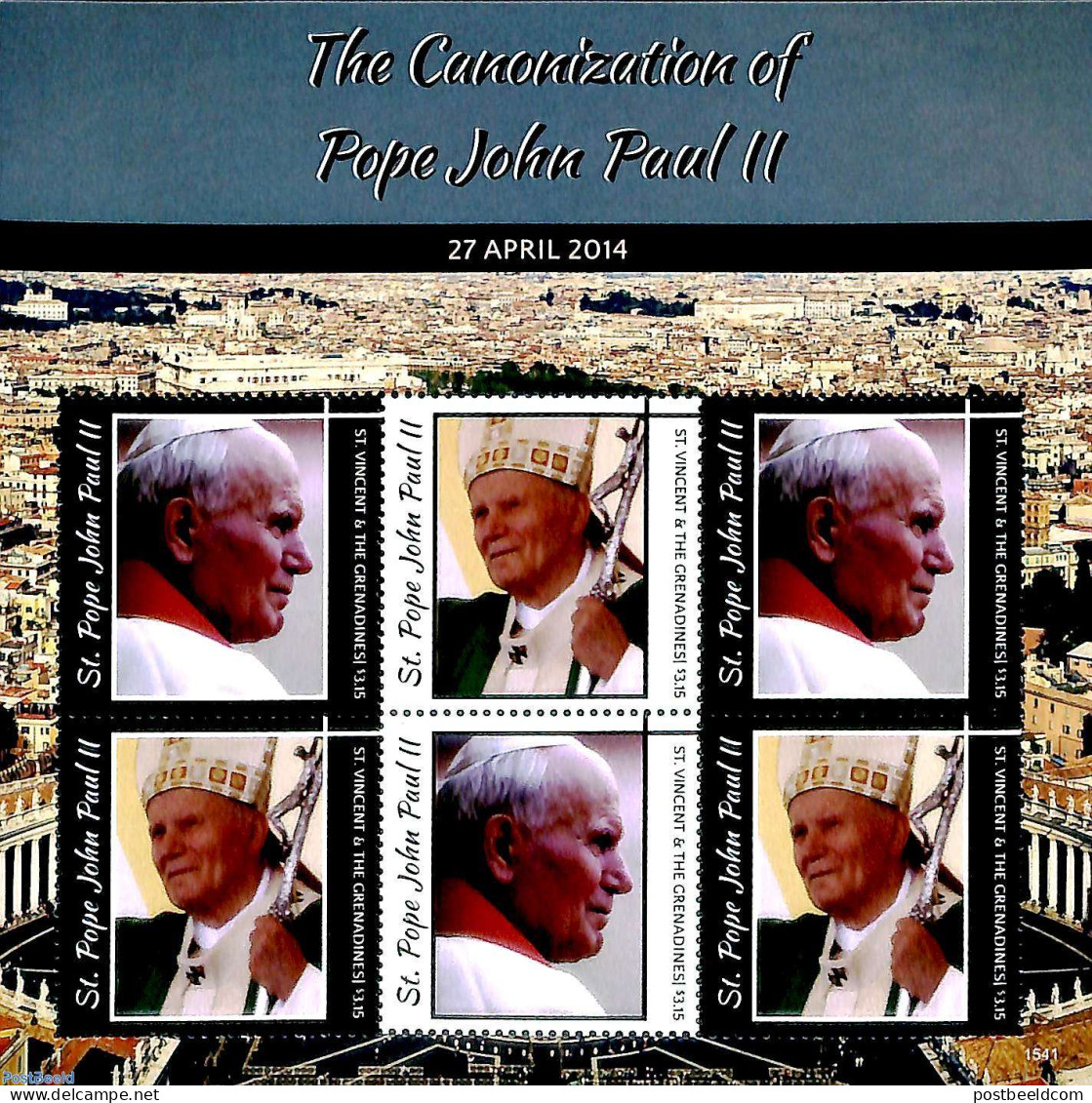 Saint Vincent 2015 Pope John Paul II 6v M/s, Mint NH, Religion - Pope - Papes