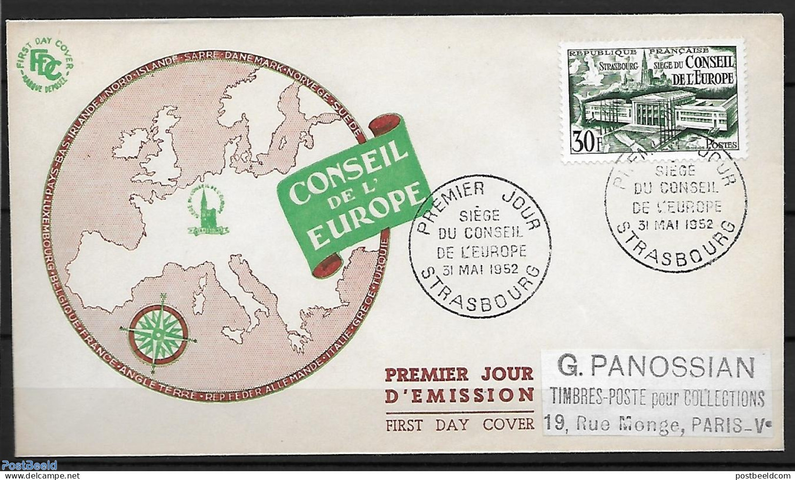 France 1952 European Council, First Day Cover, History - Europa Hang-on Issues - Cartas & Documentos