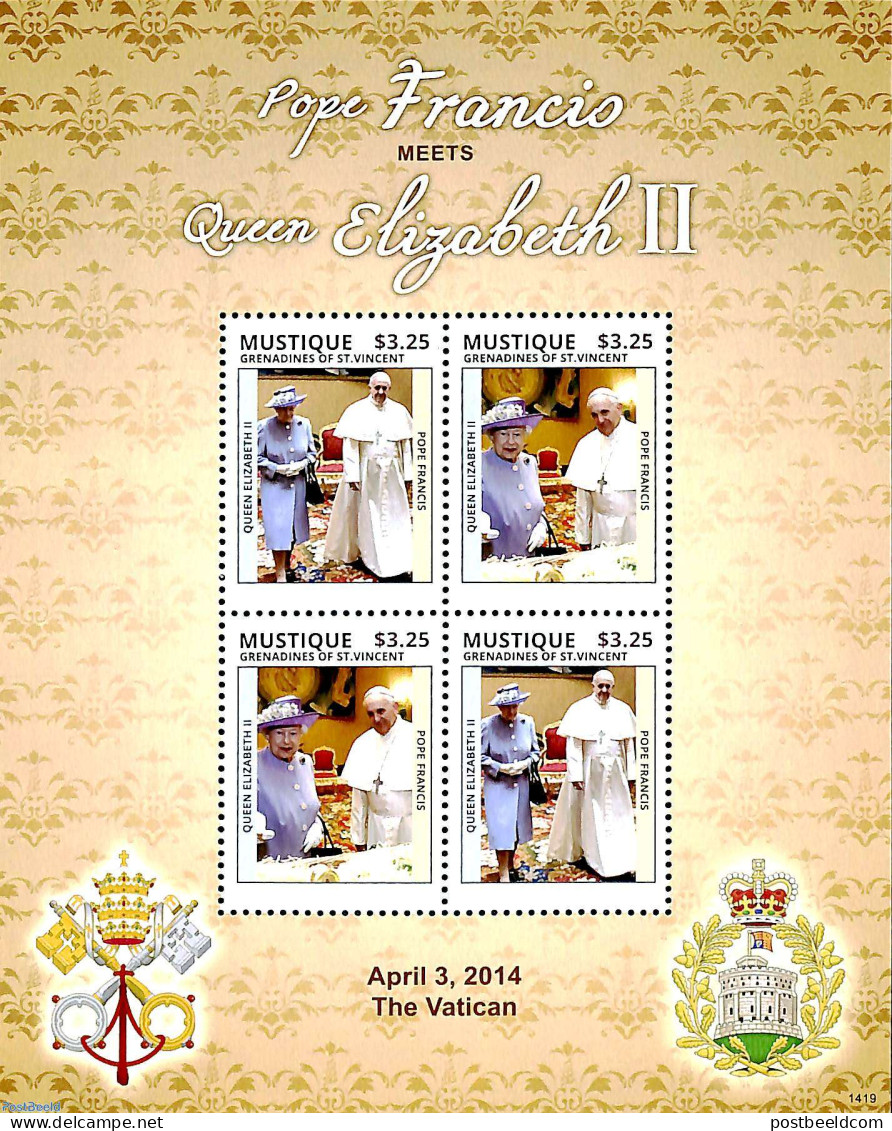 Saint Vincent & The Grenadines 2014 Mustique, Pope Francis 2x2v M/s, Mint NH, Religion - Pope - Religion - Popes