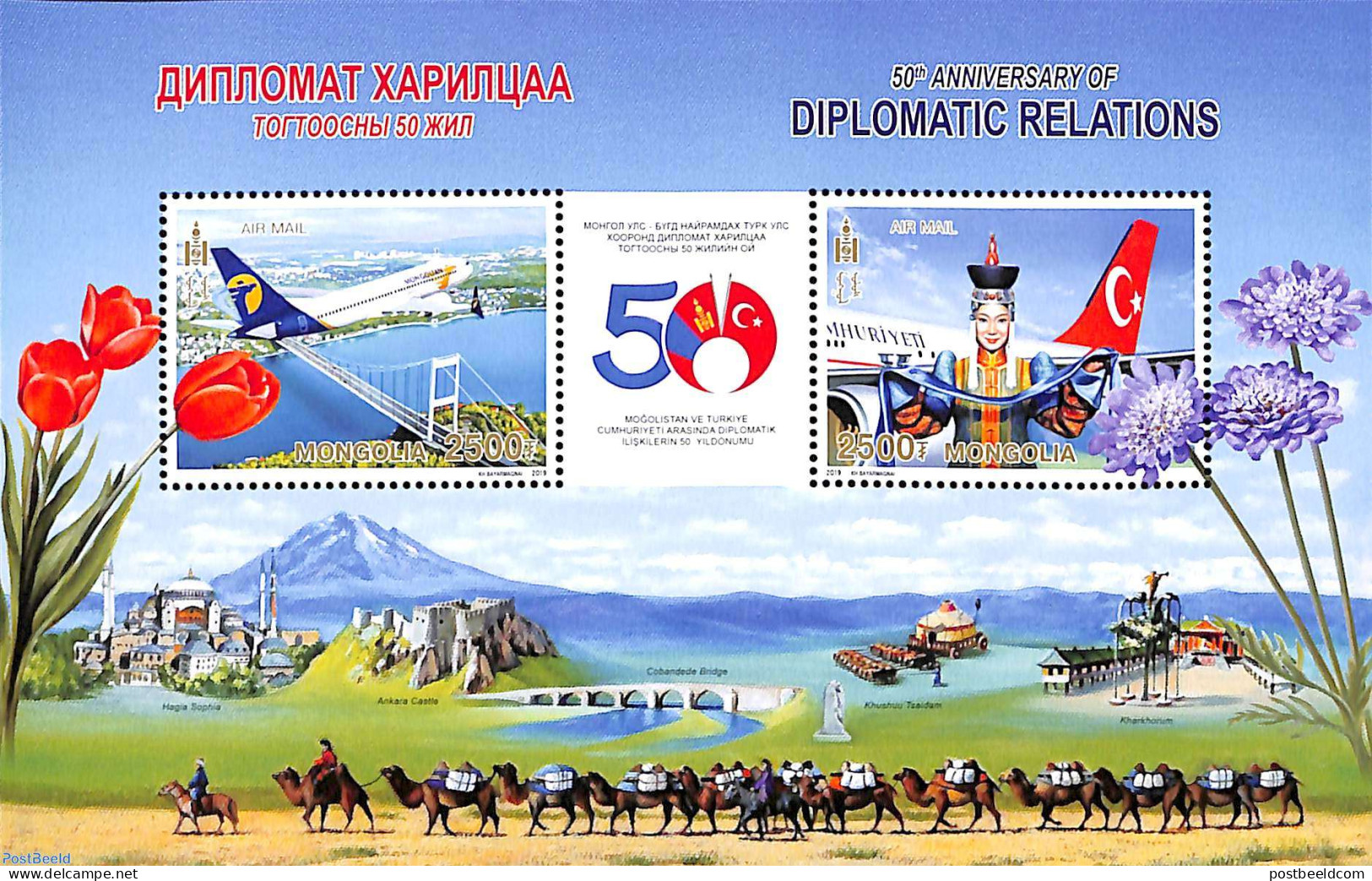 Mongolia 2019 Diplomatic Relations With Turkey S/s, Mint NH, Nature - Transport - Camels - Aircraft & Aviation - Art -.. - Vliegtuigen