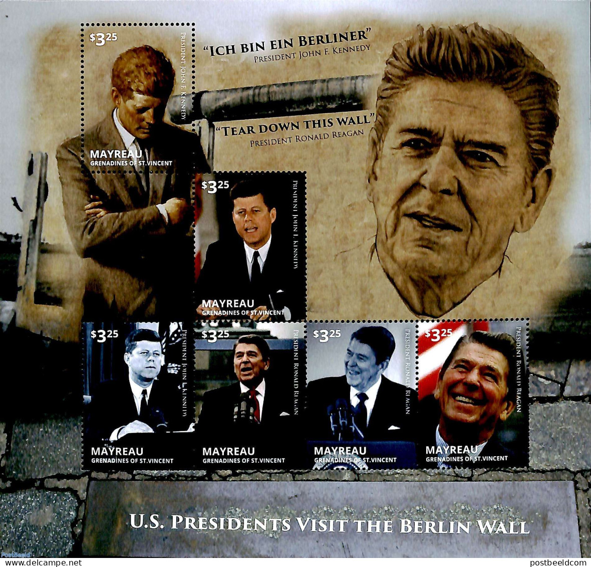 Saint Vincent & The Grenadines 2014 Mayreau, US Presidents Visit The Berlin Wall 6v M/s, Mint NH, History - American P.. - St.Vincent E Grenadine