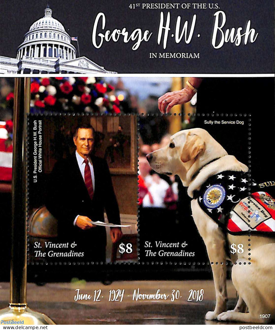 Saint Vincent 2019 George H.W. Bush 2v M/s, Mint NH, History - Nature - American Presidents - Politicians - Dogs - St.Vincent (1979-...)