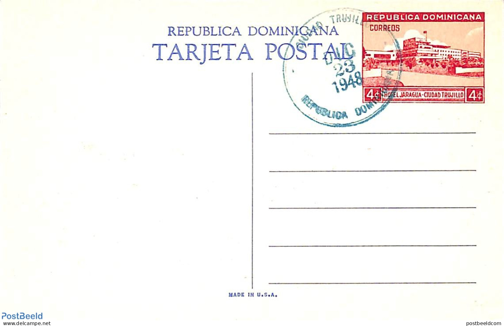 Dominican Republic 1948 Illustrated Postcard 5c, Unused With Postmark, Used Postal Stationary, Art - Sculpture - Skulpturen