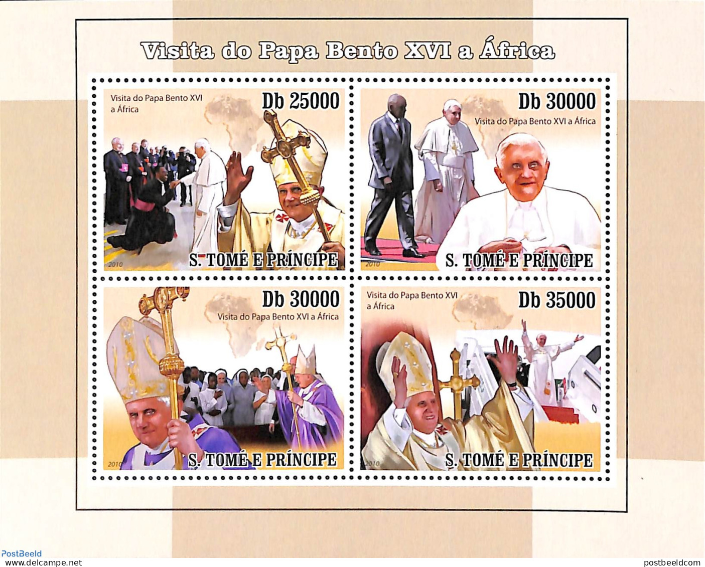 Sao Tome/Principe 2010 Papal Visit 4v M/s, Mint NH, Religion - Pope - Papas