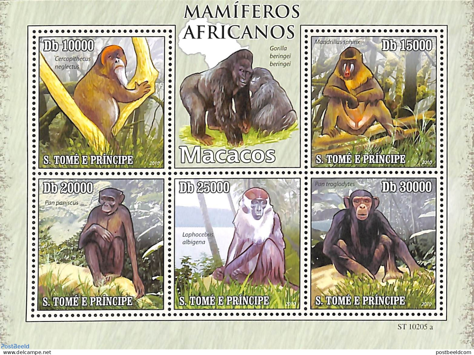 Sao Tome/Principe 2010 Monkeys 5v M/s, Mint NH, Nature - Animals (others & Mixed) - Monkeys - Wild Mammals - Sao Tomé Y Príncipe