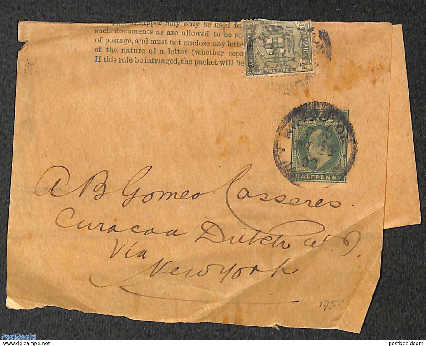 Jamaica 1908 Wrapper Sent To New York, Used Postal Stationary - Giamaica (1962-...)