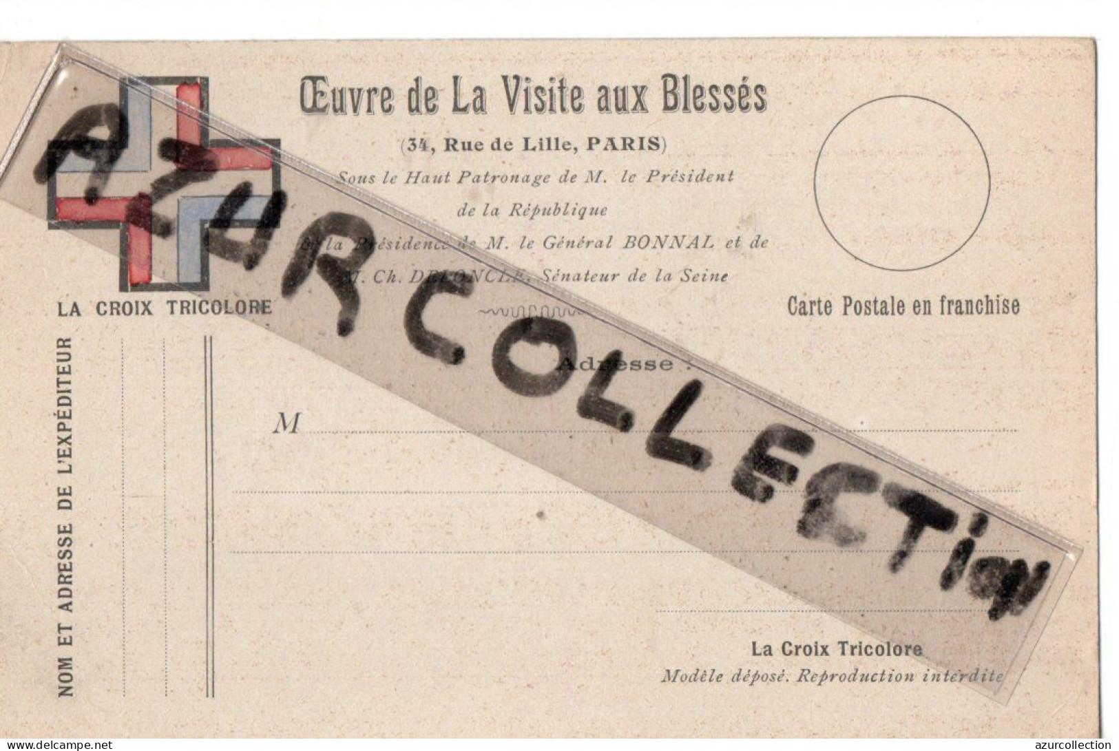 CARTES POSTALES F.M . OEUVRE DE LA VISITE AUX BLESSES . LA CROIX TRICOLORE - WW I