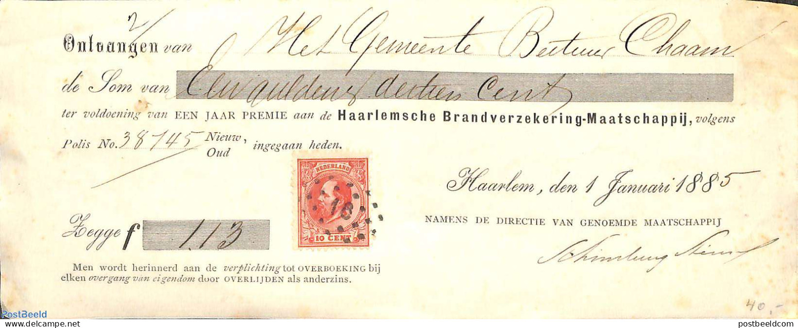 Netherlands 1885 Recu Brandverzekering Mij. With 10c Stamp, Postal History, Various - Banking And Insurance - Cartas & Documentos