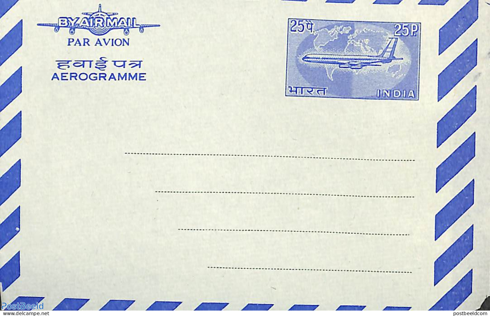 India 1968 Aerogramme 25p, Blue, Unused Postal Stationary - Lettres & Documents