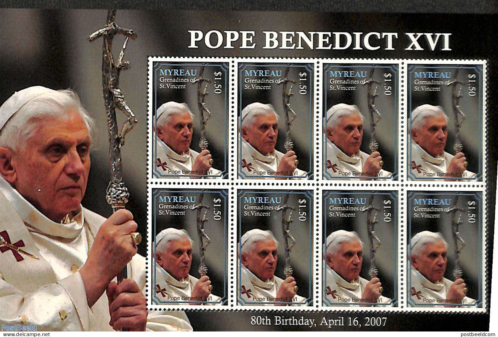 Saint Vincent & The Grenadines 2007 Pope Benedict XVI M/s, Mint NH, Religion - Pope - Religion - Papes