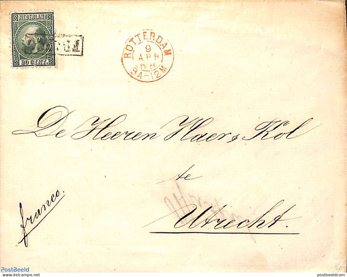 Netherlands 1868 Folding Cover From Rotterdam To Utrecht With 20c Stamp, Postal History - Lettres & Documents