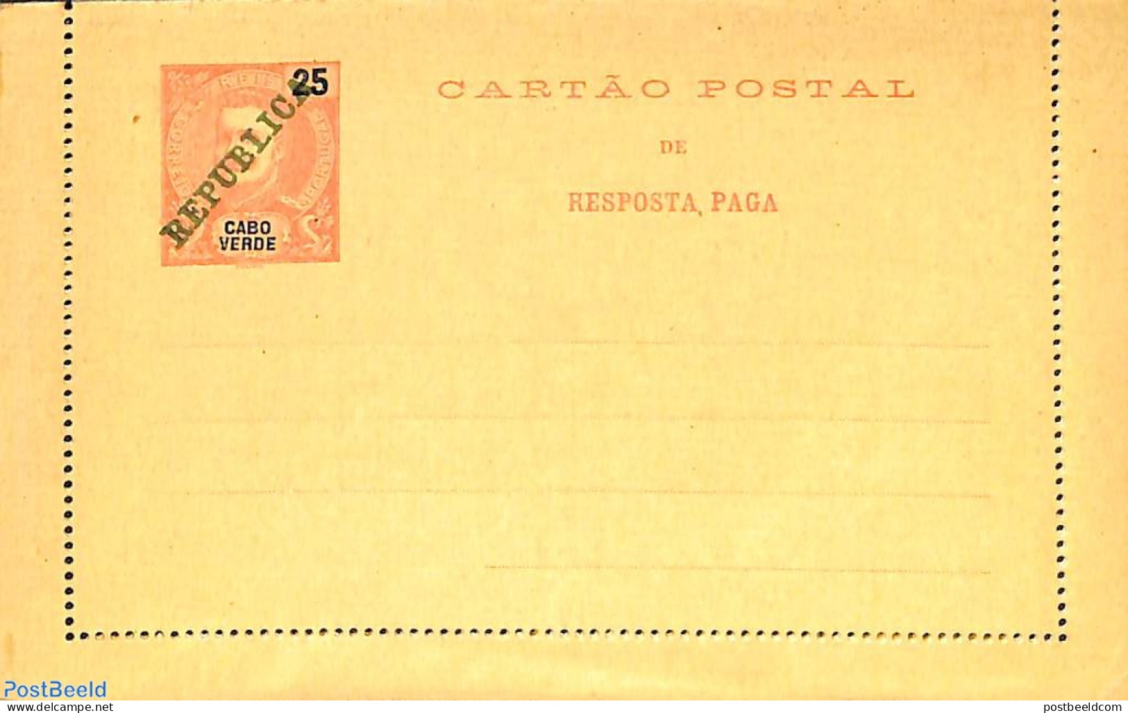 Cape Verde 1911 Reply Paid Letter Card 25/25r, Unused Postal Stationary - Kaapverdische Eilanden