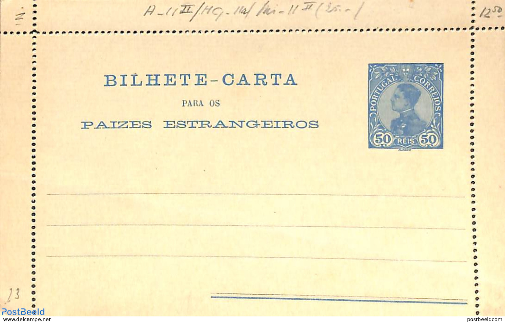 Portugal 1910 Letter Card 50r, Line Perf., Unused Postal Stationary - Storia Postale