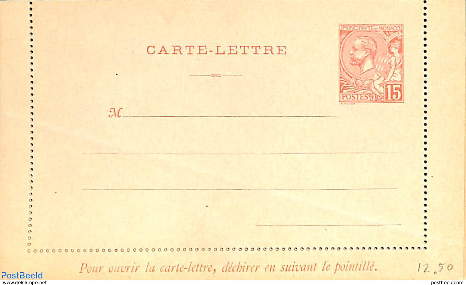 Monaco 1891 Letter Card 15c, Unused Postal Stationary - Storia Postale