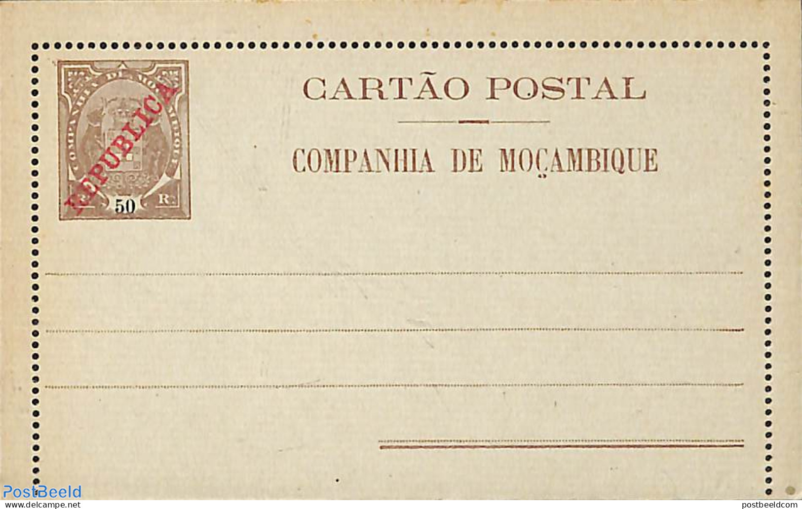 Mozambique 1912 Companhia, Letter Card 50c, Unused Postal Stationary, History - Nature - Coat Of Arms - Elephants - Mozambico