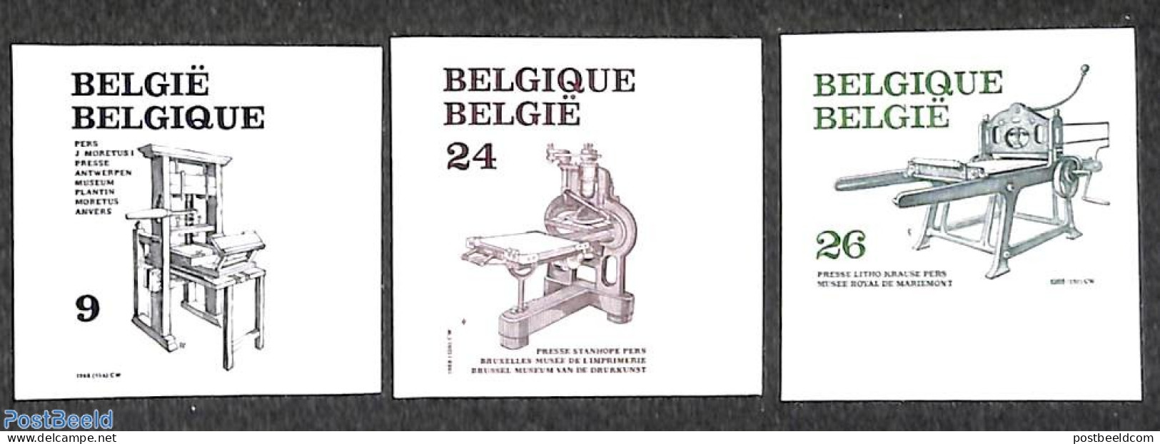 Belgium 1988 Printing 3v, Imperforated, Mint NH, Art - Printing - Unused Stamps