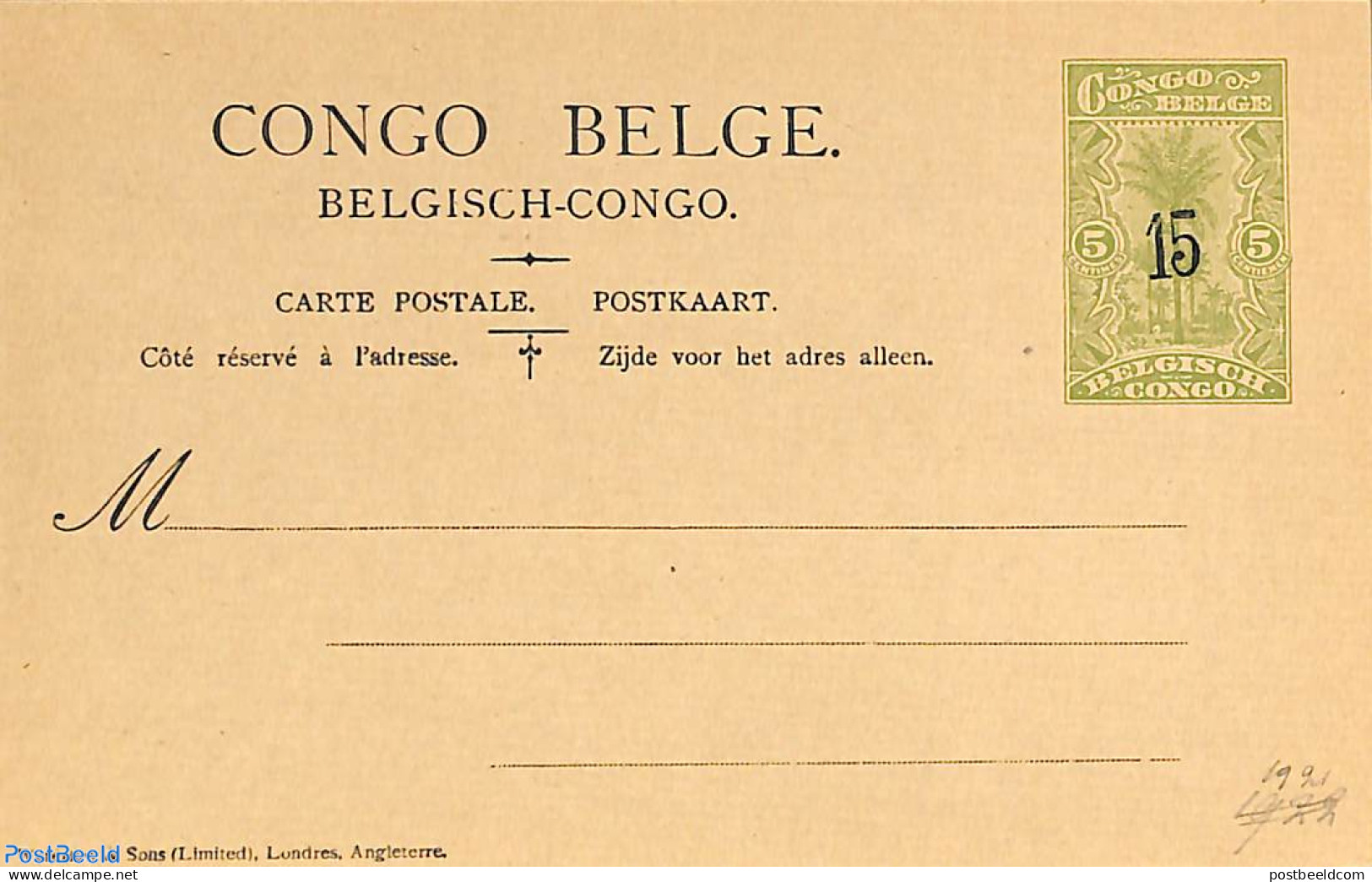 Congo Belgium 1921 Postcard 15c On 5c, Unused Postal Stationary, Nature - Trees & Forests - Rotary, Club Leones