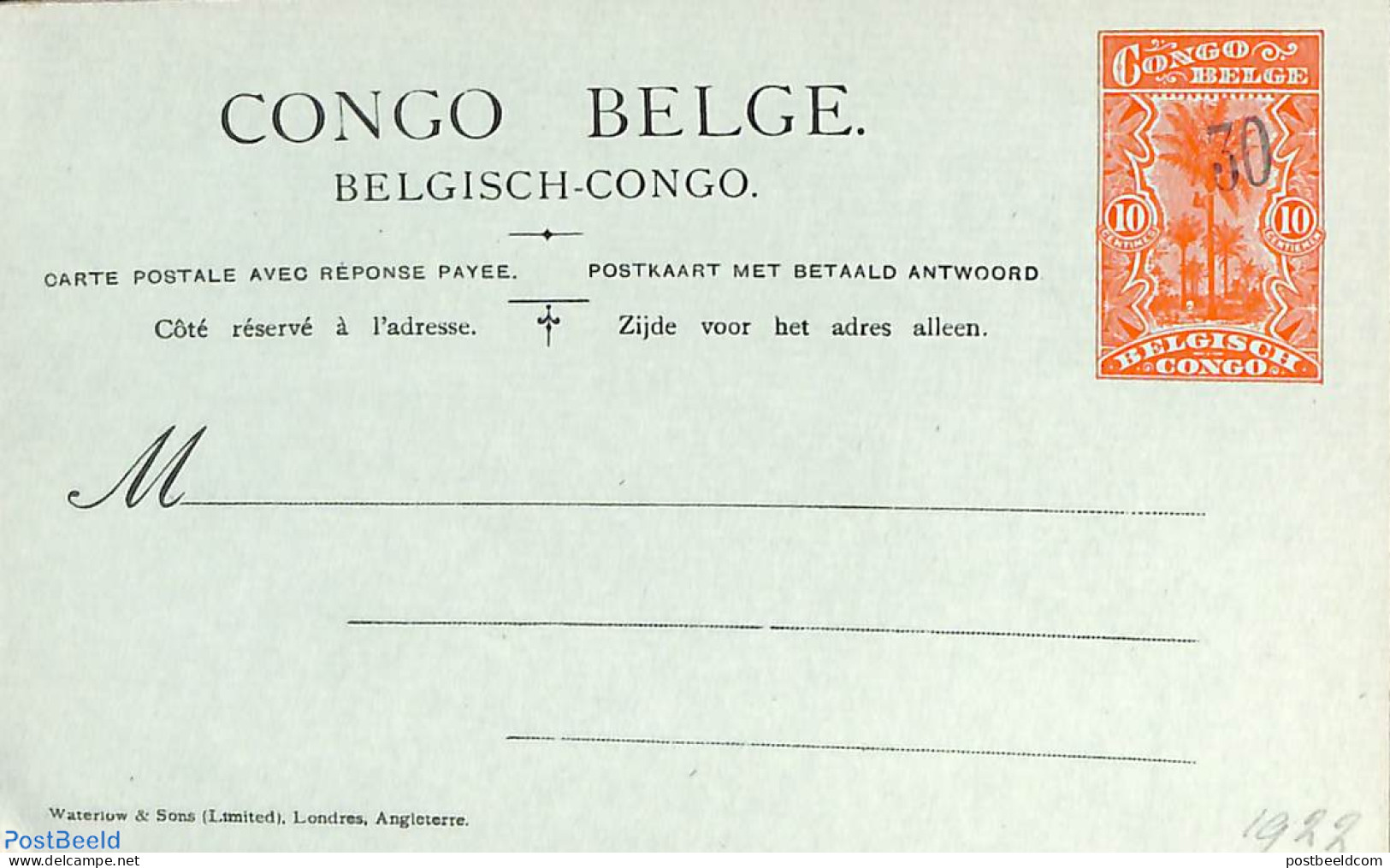 Congo Belgium 1921 Reply Paid Postcard 30on10/30on10c, Unused Postal Stationary, Nature - Trees & Forests - Rotary, Lions Club